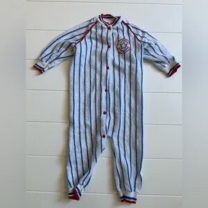 Vintage Striped Blue and White Kids Footie with Red Accents